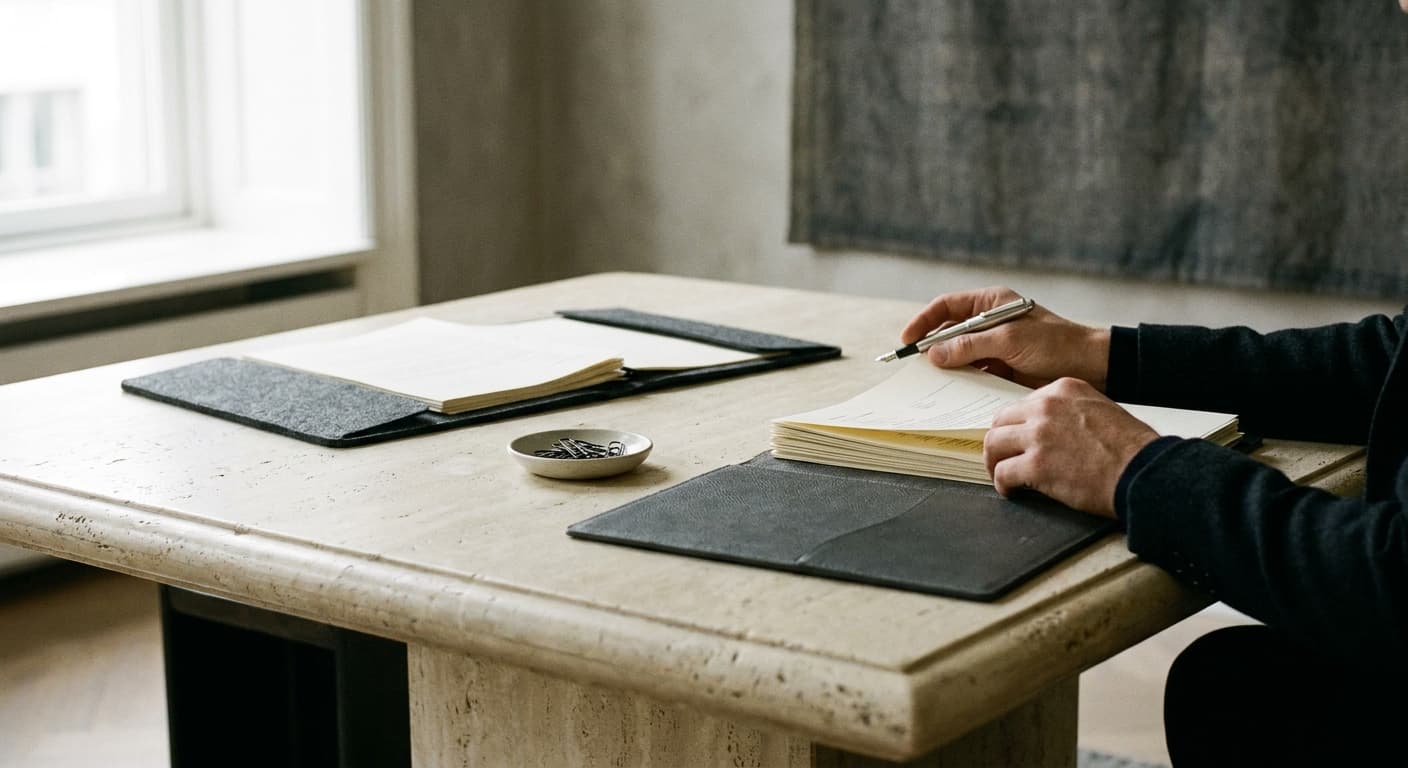 Un courtier senior relit un dossier sur un bureau en pierre